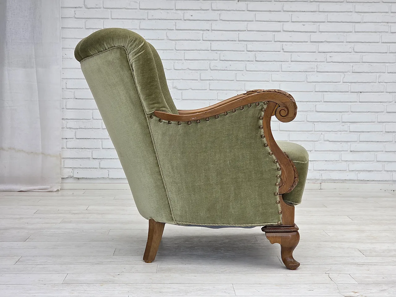Danish armchair, green furniture velour, carved oak wood, 1960s 10