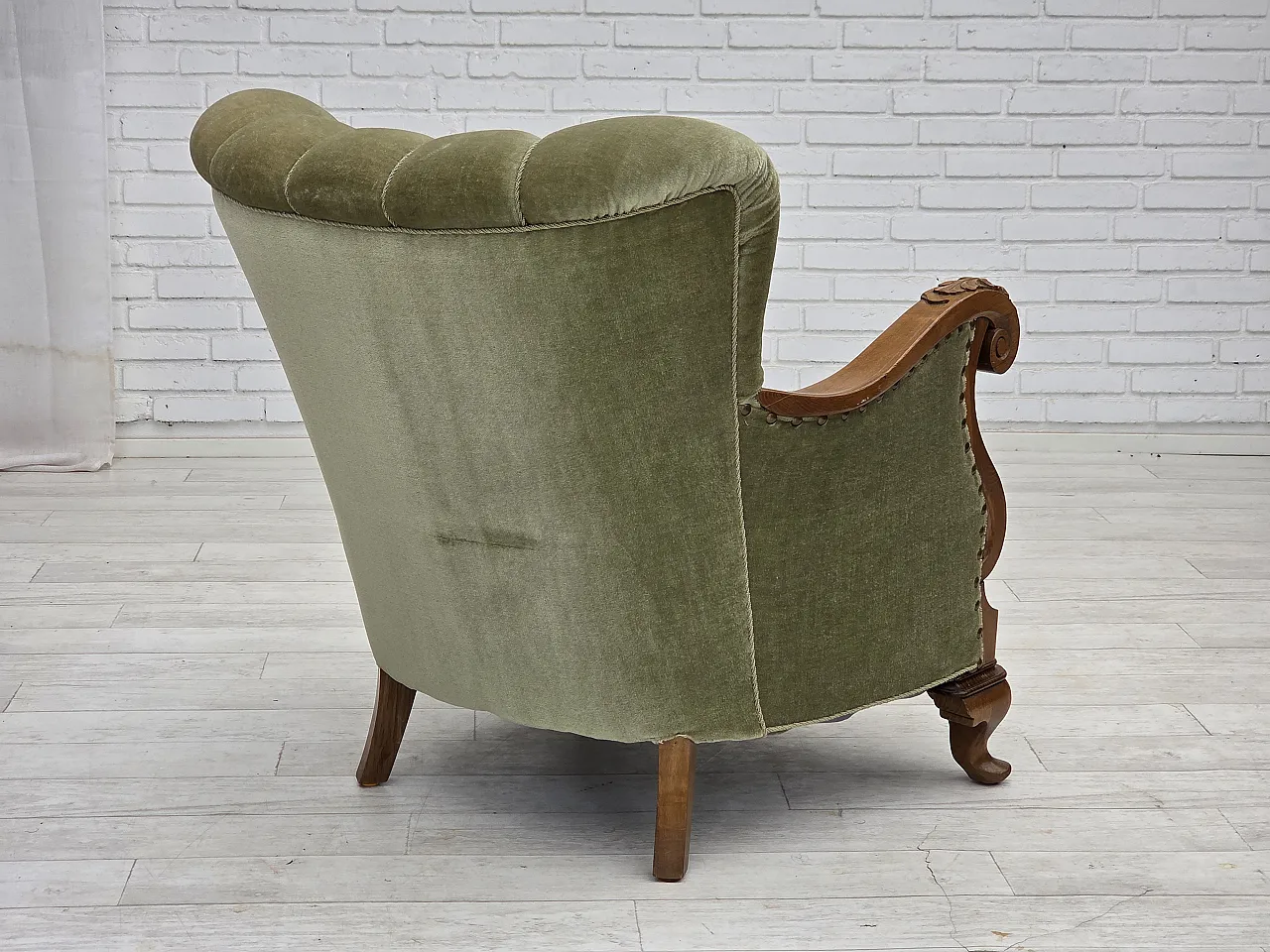 Danish armchair, green furniture velour, carved oak wood, 1960s 11