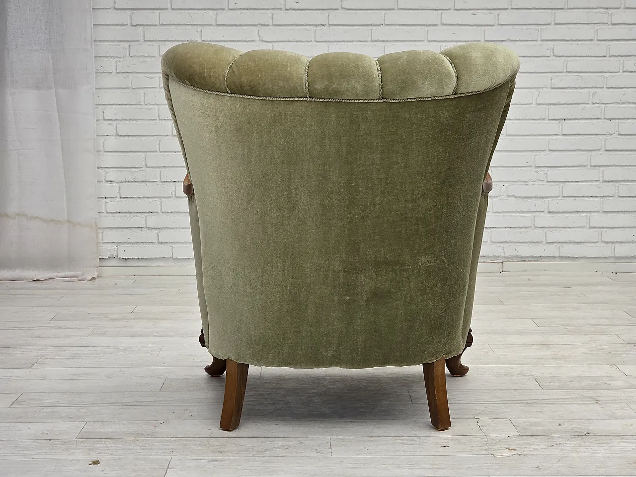 Danish armchair, green furniture velour, carved oak wood, 1960s 12