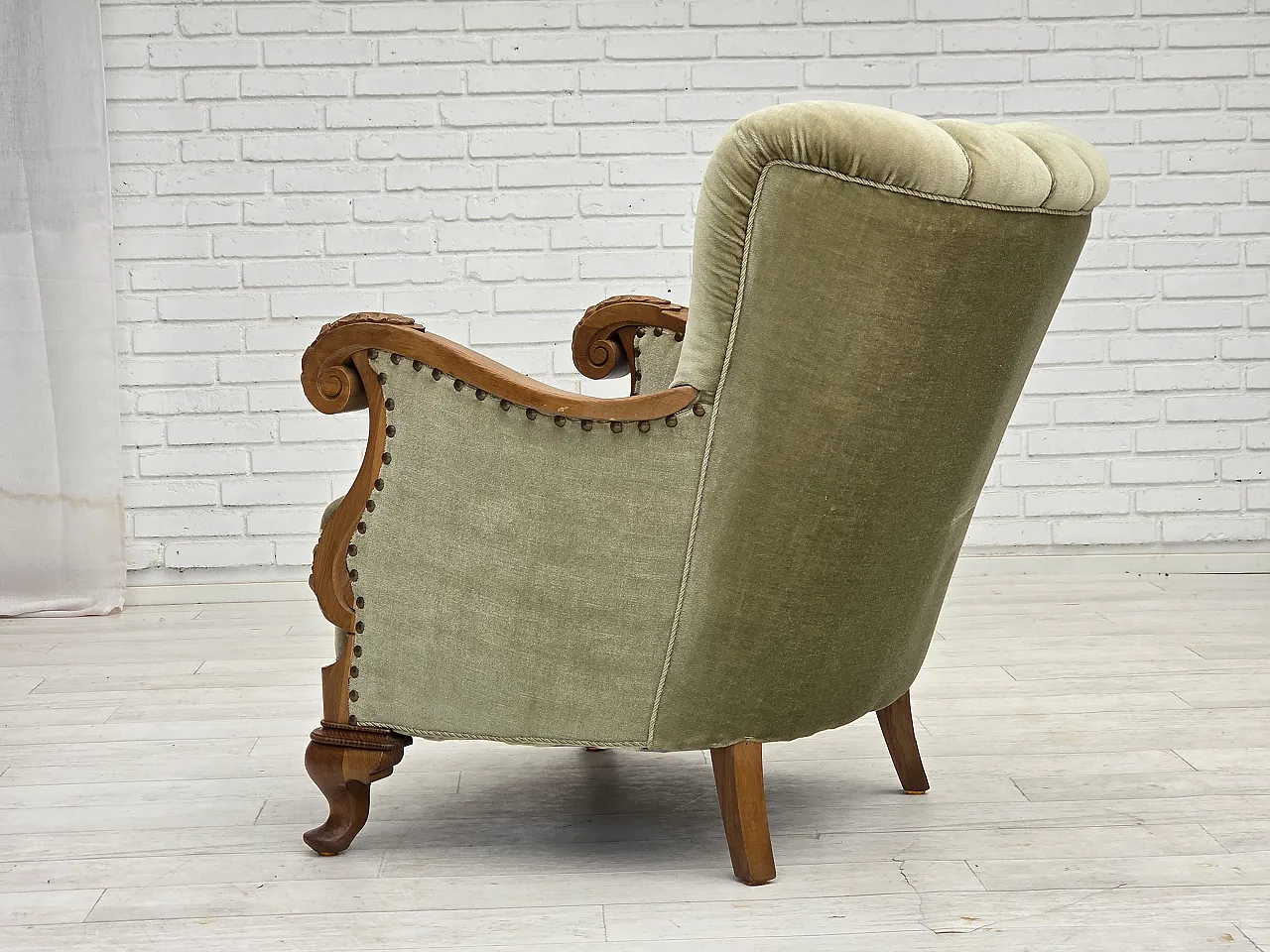 Danish armchair, green furniture velour, carved oak wood, 1960s 13