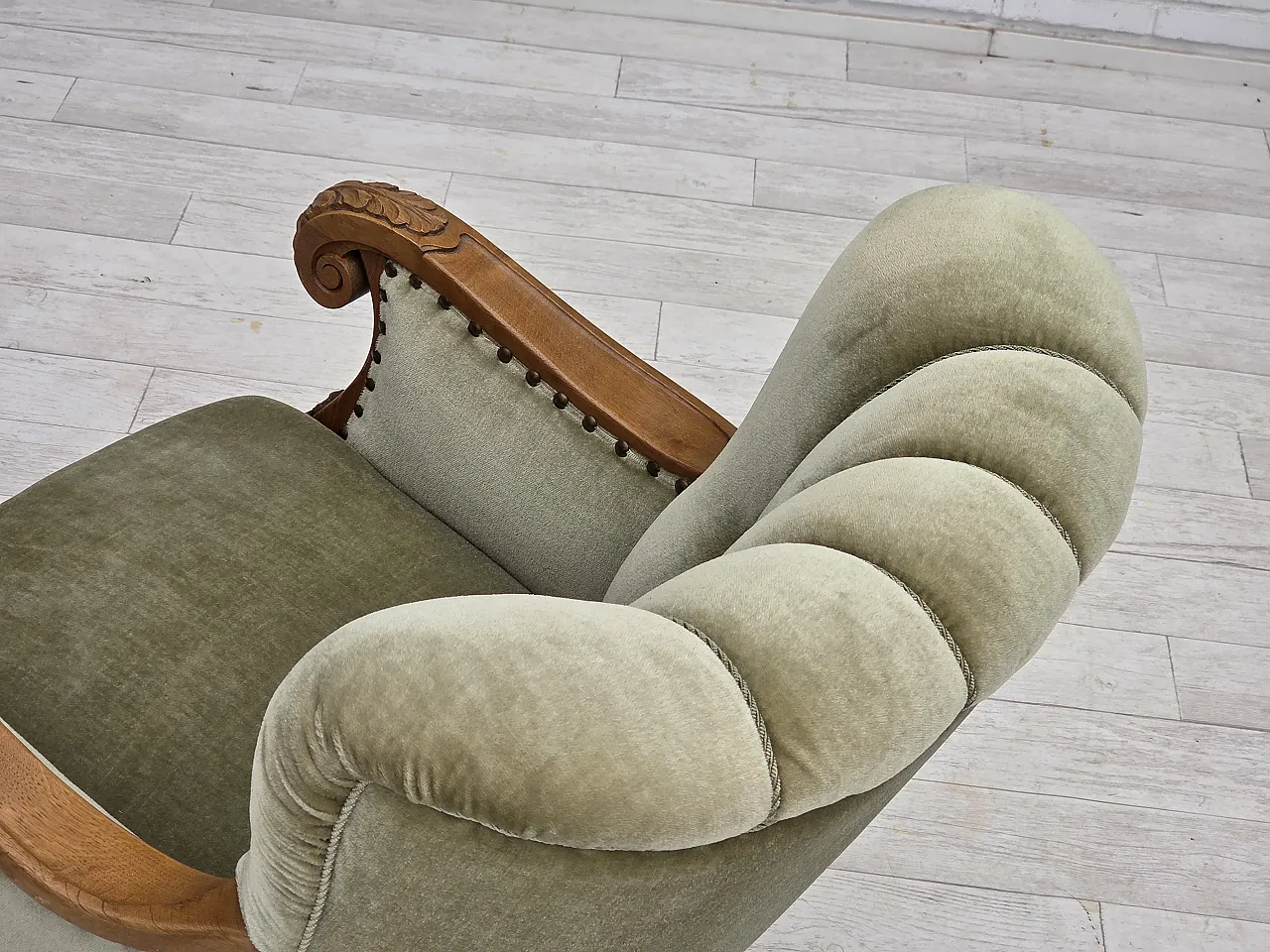 Danish armchair, green furniture velour, carved oak wood, 1960s 14