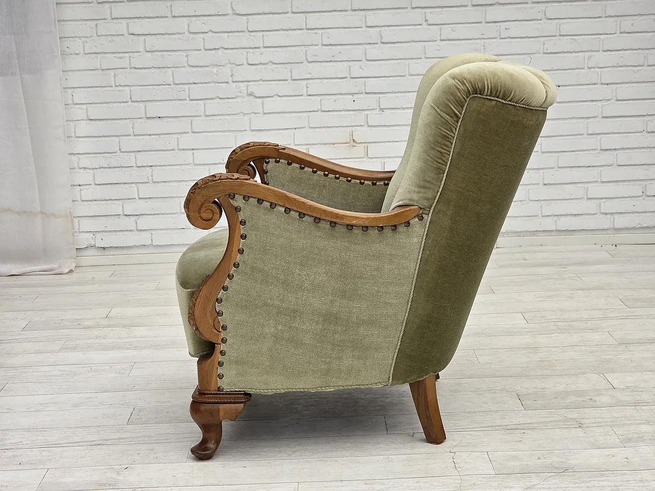 Danish armchair, green furniture velour, carved oak wood, 1960s 15