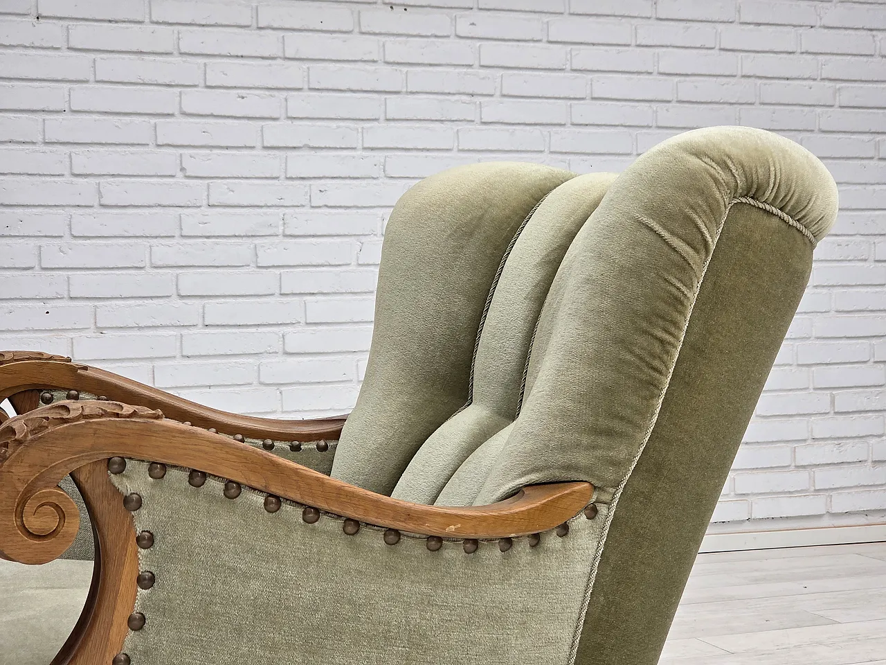Danish armchair, green furniture velour, carved oak wood, 1960s 16