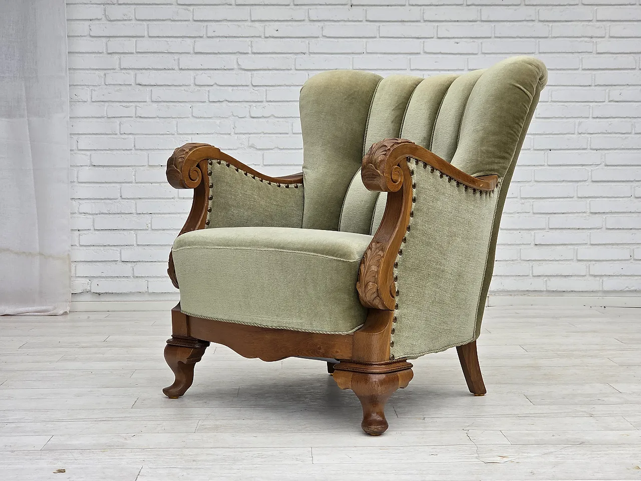 Danish armchair, green furniture velour, carved oak wood, 1960s 17
