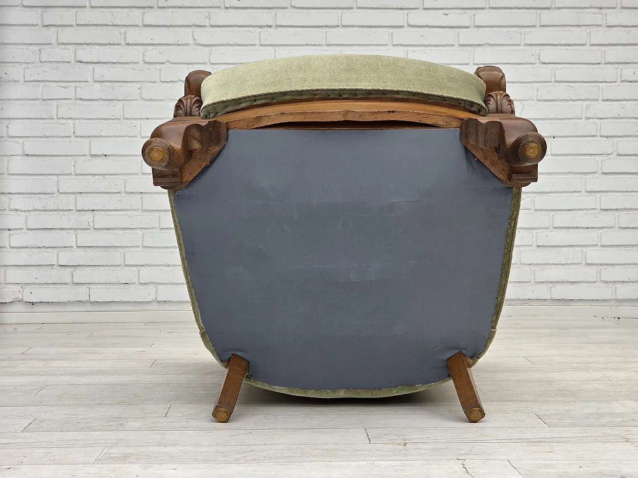Danish armchair, green furniture velour, carved oak wood, 1960s 18