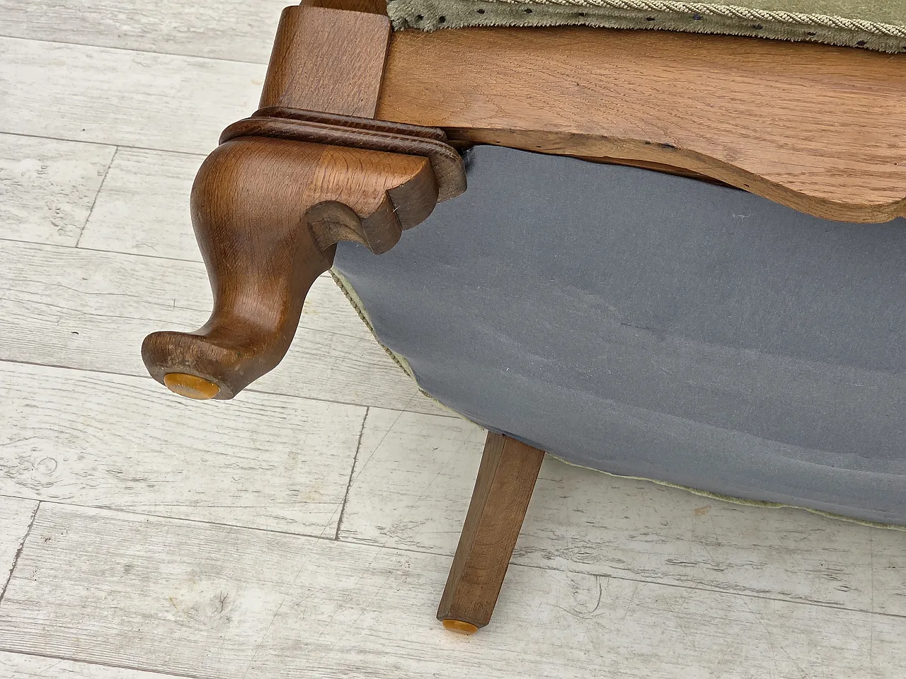Danish armchair, green furniture velour, carved oak wood, 1960s 19
