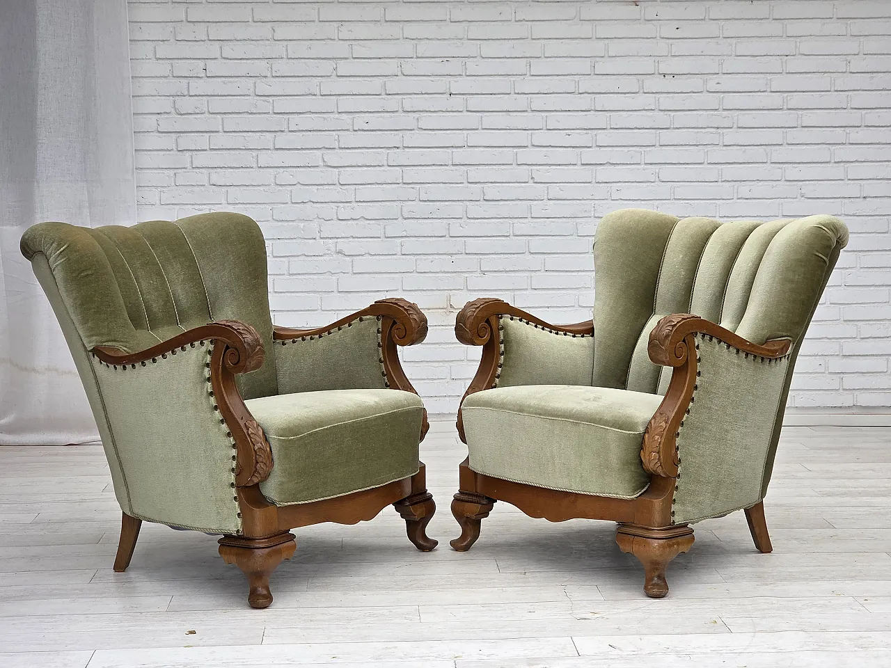 Danish armchair, green furniture velour, carved oak wood, 1960s 20