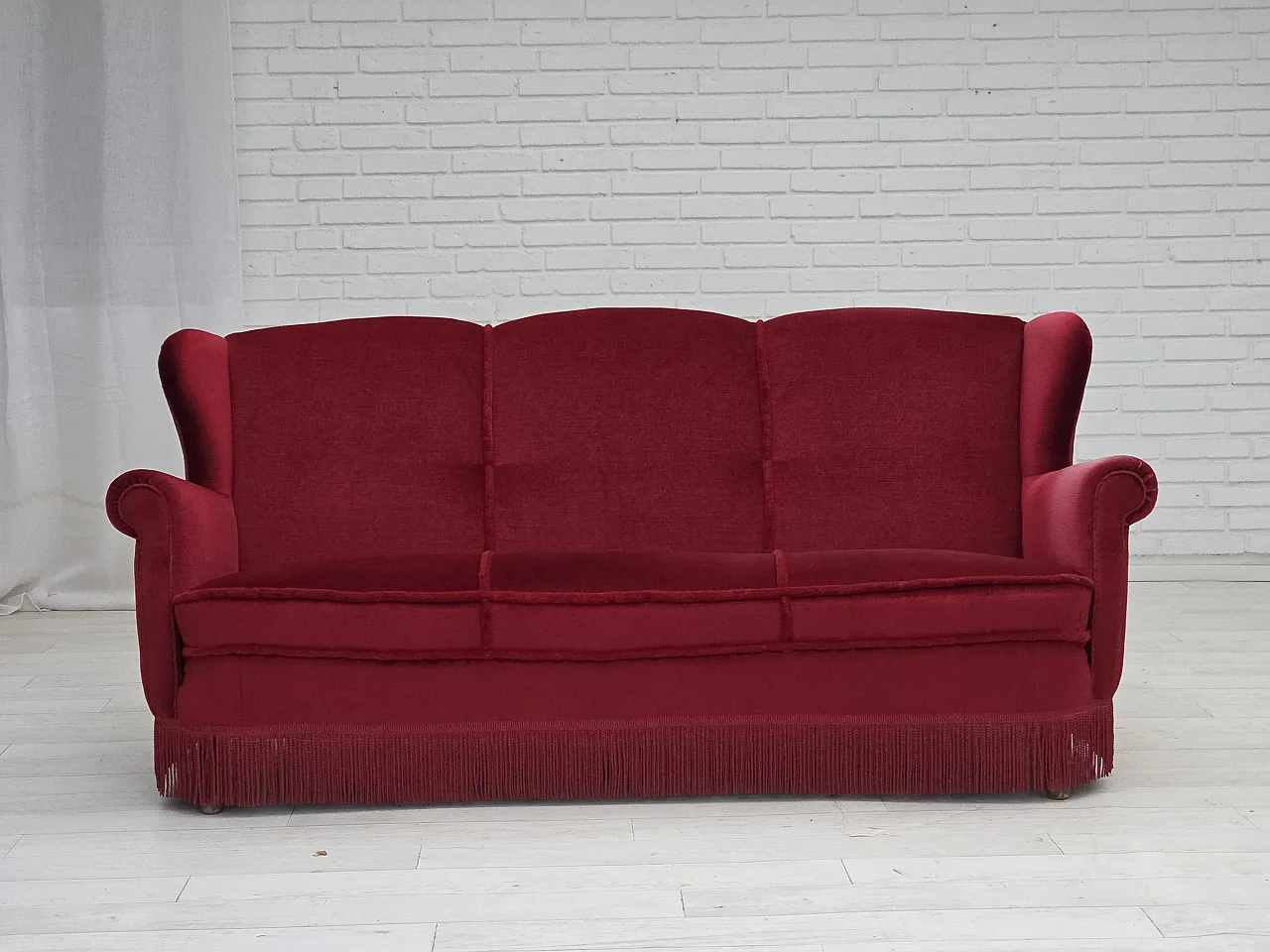 Danish 3-seater curved sofa in red furniture velour, 1960s 1