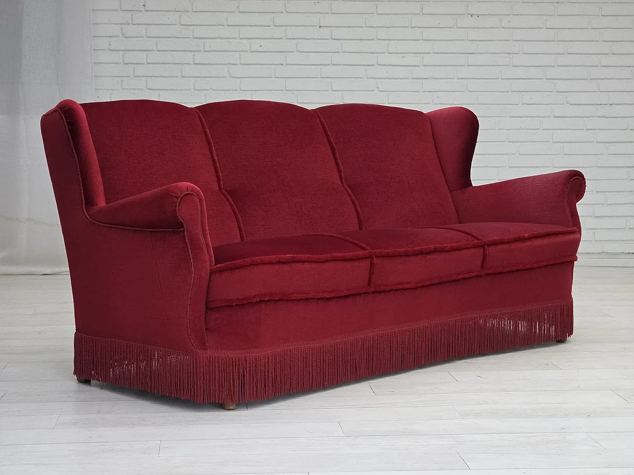Danish 3-seater curved sofa in red furniture velour, 1960s 5