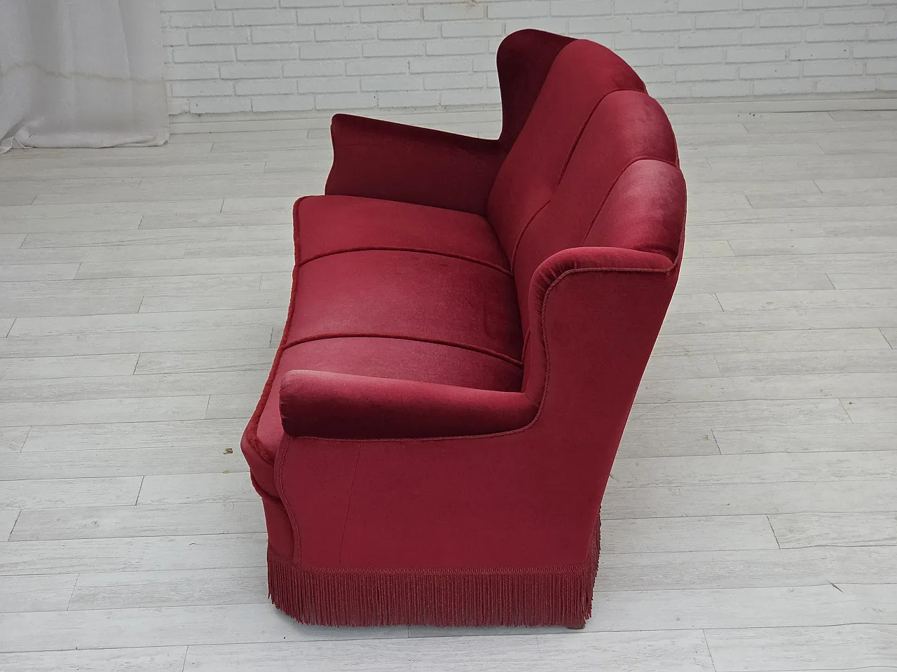 Danish 3-seater curved sofa in red furniture velour, 1960s 13