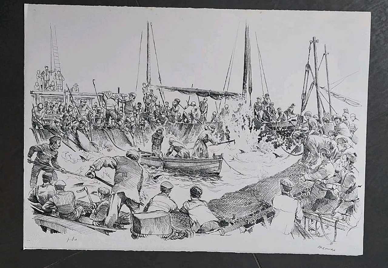 La Mattanza dei Tonni di Alberto Fremura, litografia, '900 3