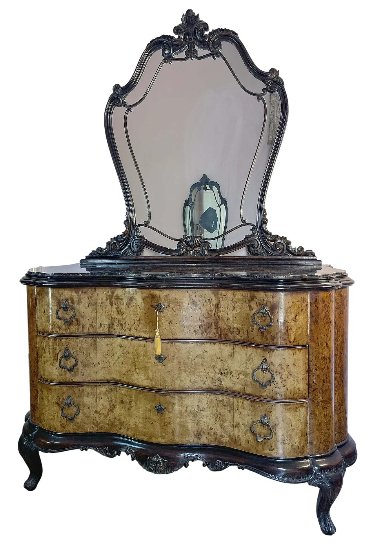 Walnut burl chest of drawers with mirror, 1940s 4