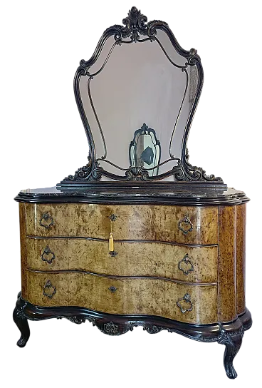 Walnut burl chest of drawers with mirror, 1940s