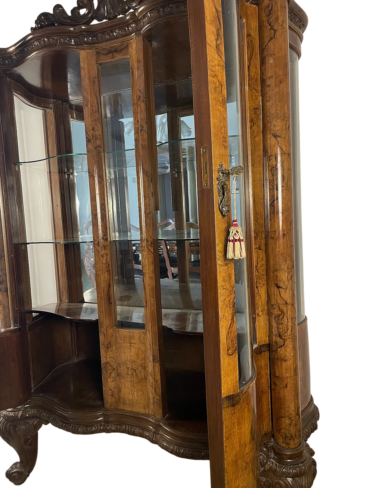 Walnut burl display cabinet with decorative carvings, 20th century 2