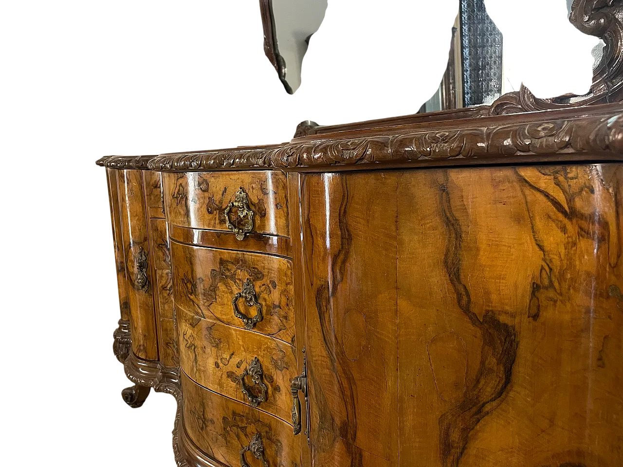 Pair of walnut burl chests of drawers with mirror, early 20th century 3