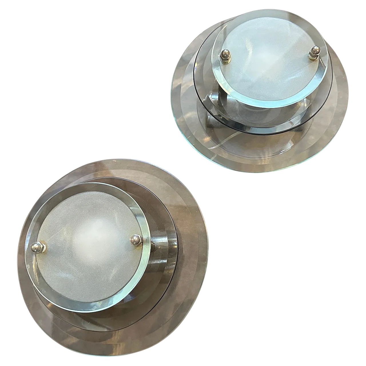 Coppia di applique in vetro e metallo cromato di Veca, anni '60 9