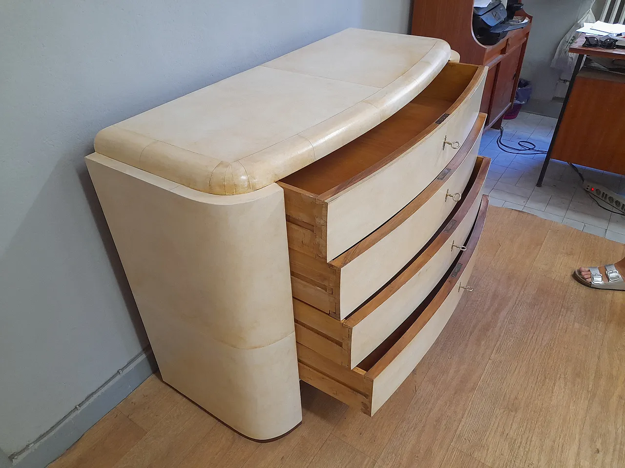 Dresser drawer art art decethe covered in parchment, 1930s 5