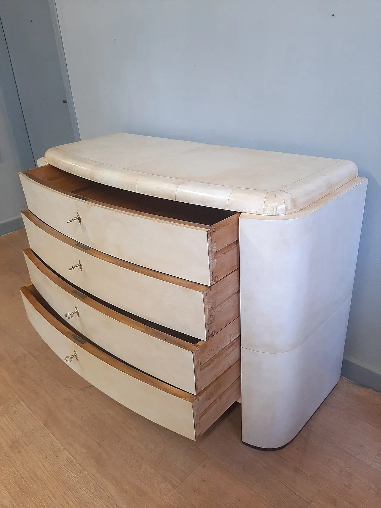 Dresser drawer art art decethe covered in parchment, 1930s 6