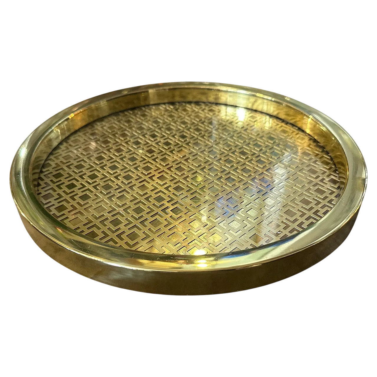 Vassoio da portata rotondo in ottone e vetro, anni '60 11