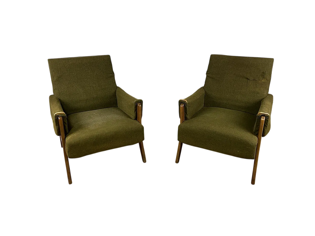 Pair of wooden armchairs with green fabric upholstery, 1960s 14