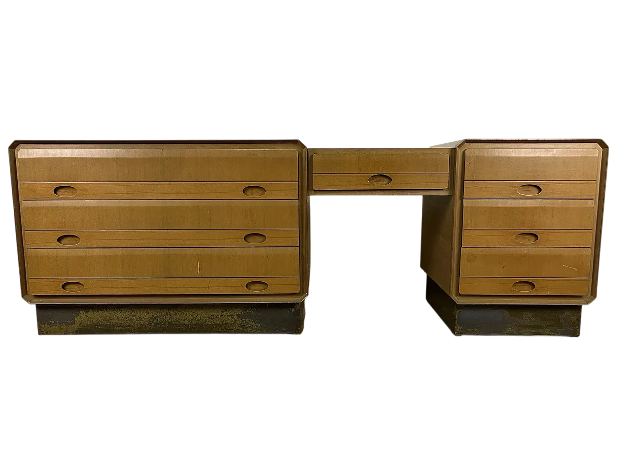 Cassettiera consolle a 3 corpi in legno e ottone, anni '60 16