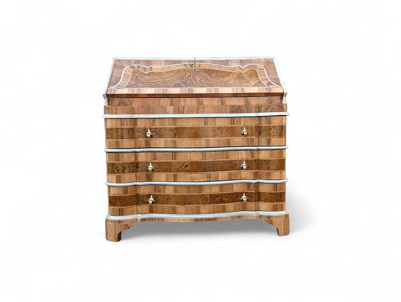 Scrivania in legno di noce con rifiniture in limelight, metà '900 1