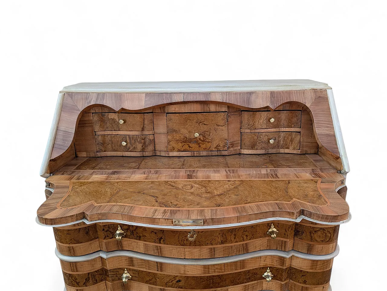 Scrivania in legno di noce con rifiniture in limelight, metà '900 5