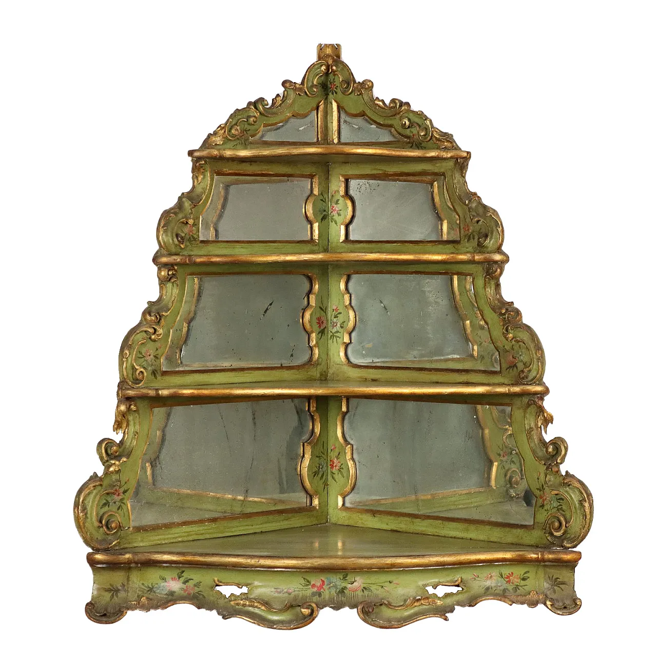 Rococo style lacquered and gilded wood hanging corner unit with mirrors, late 19th century 1