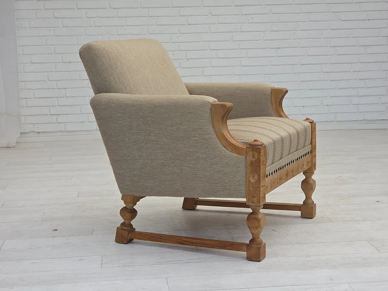 Danish armchair beige wool oak wood, 1970s 1
