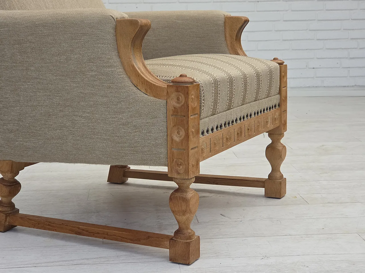 Danish armchair beige wool oak wood, 1970s 2