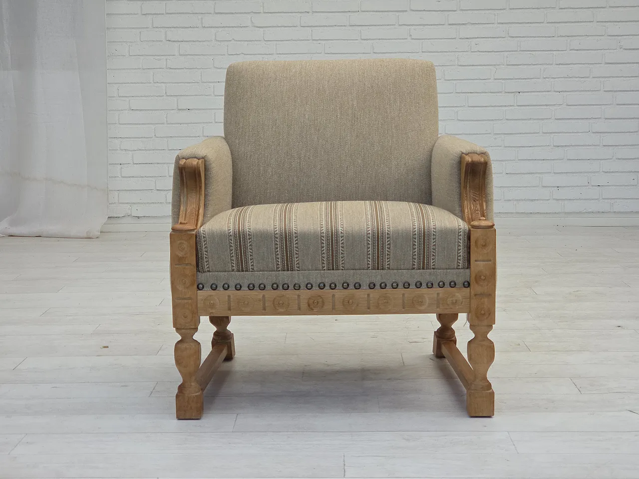 Danish armchair beige wool oak wood, 1970s 7