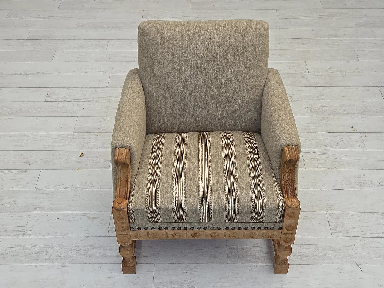 Danish armchair beige wool oak wood, 1970s 8