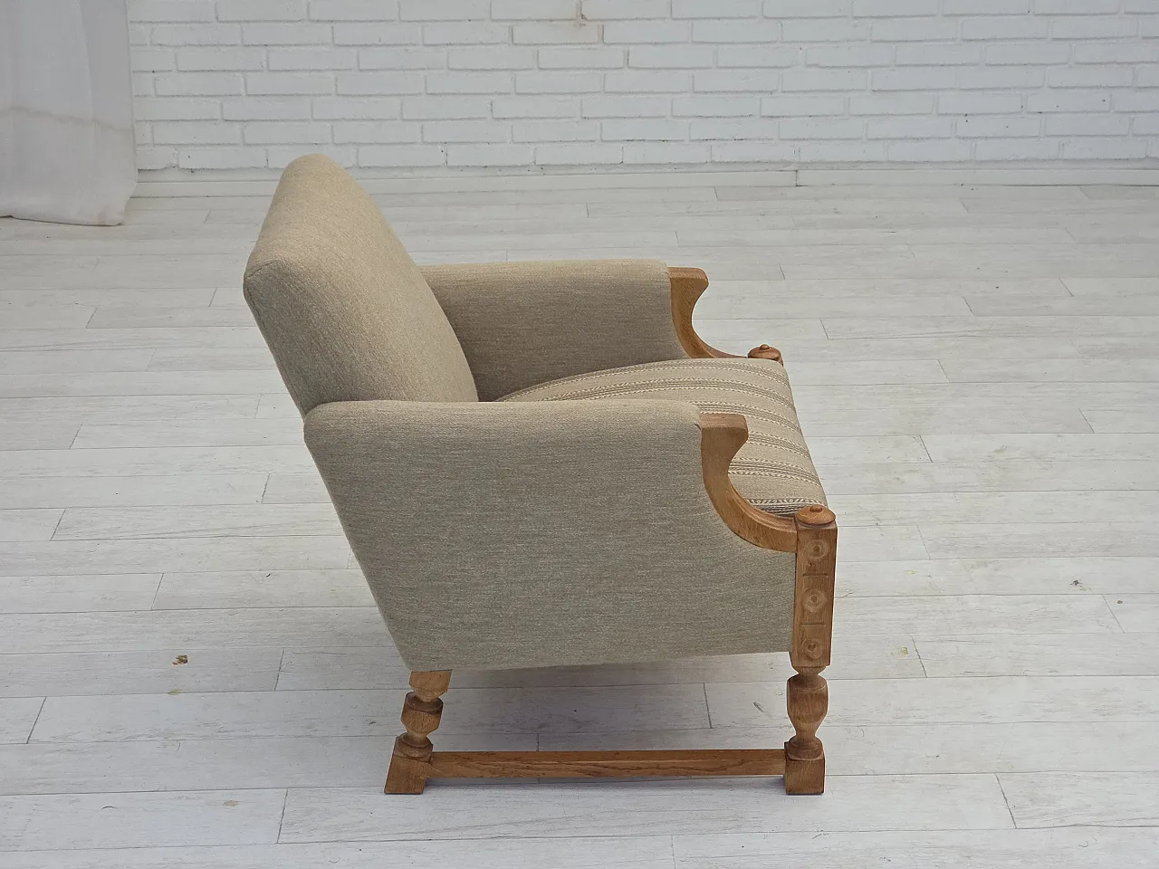 Danish armchair beige wool oak wood, 1970s 11