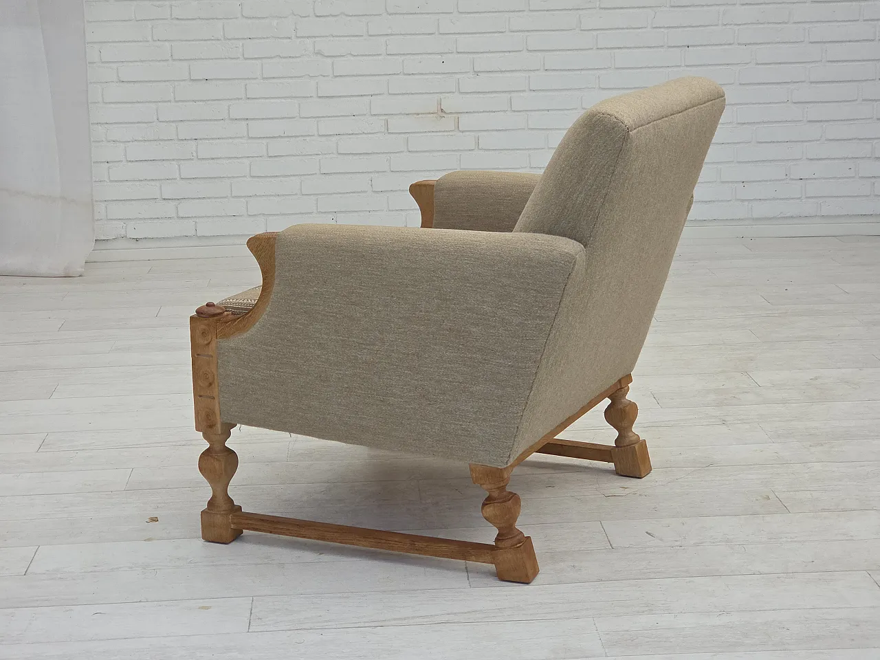 Danish armchair beige wool oak wood, 1970s 16