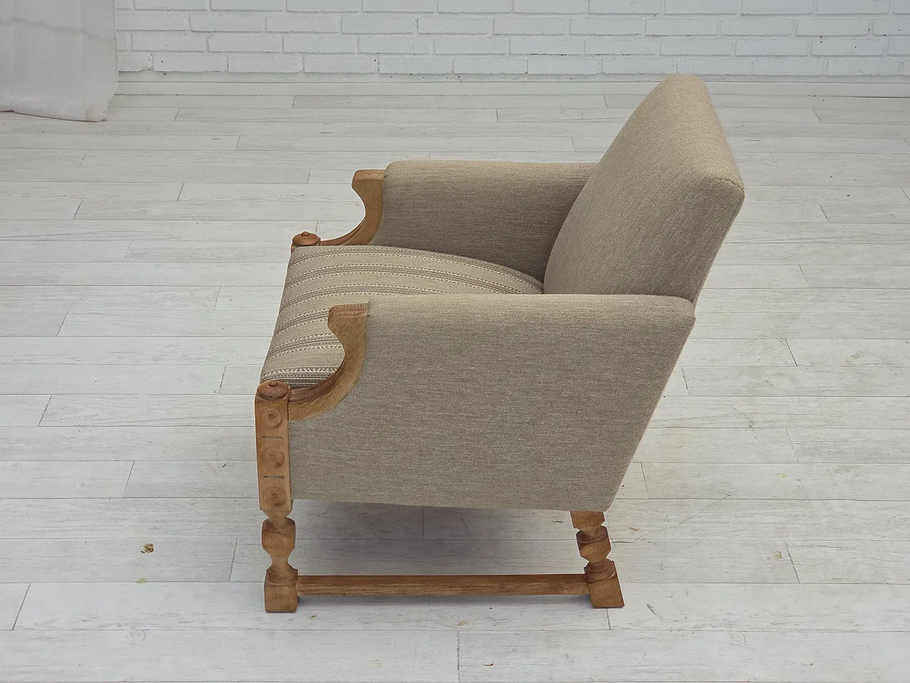 Danish armchair beige wool oak wood, 1970s 17