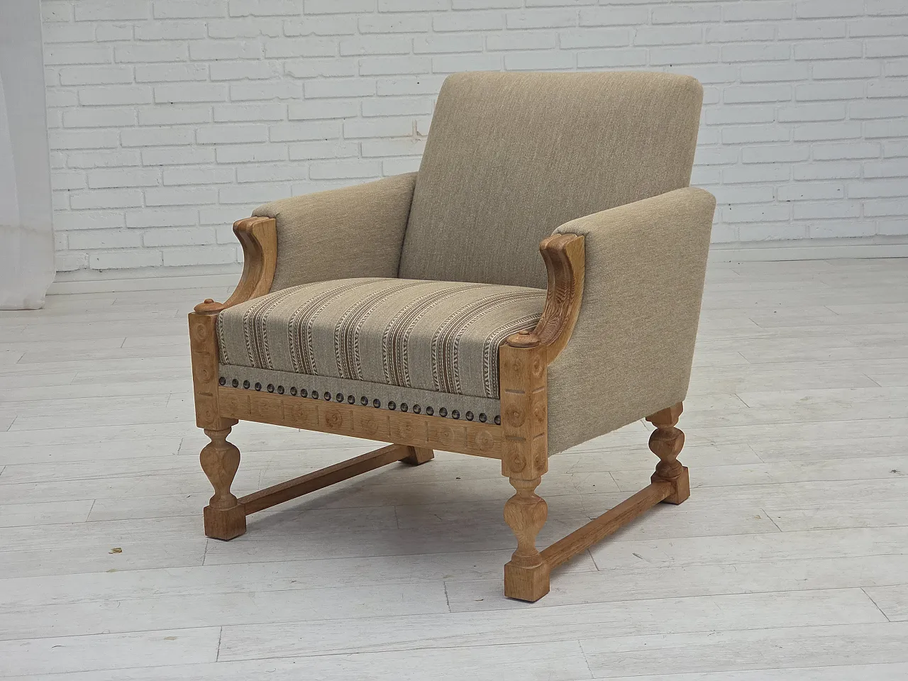 Danish armchair beige wool oak wood, 1970s 18