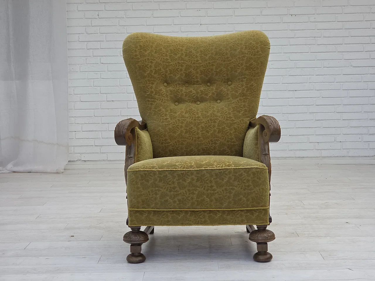 Danish highback armchair cotton wool fabric, 1960s 5