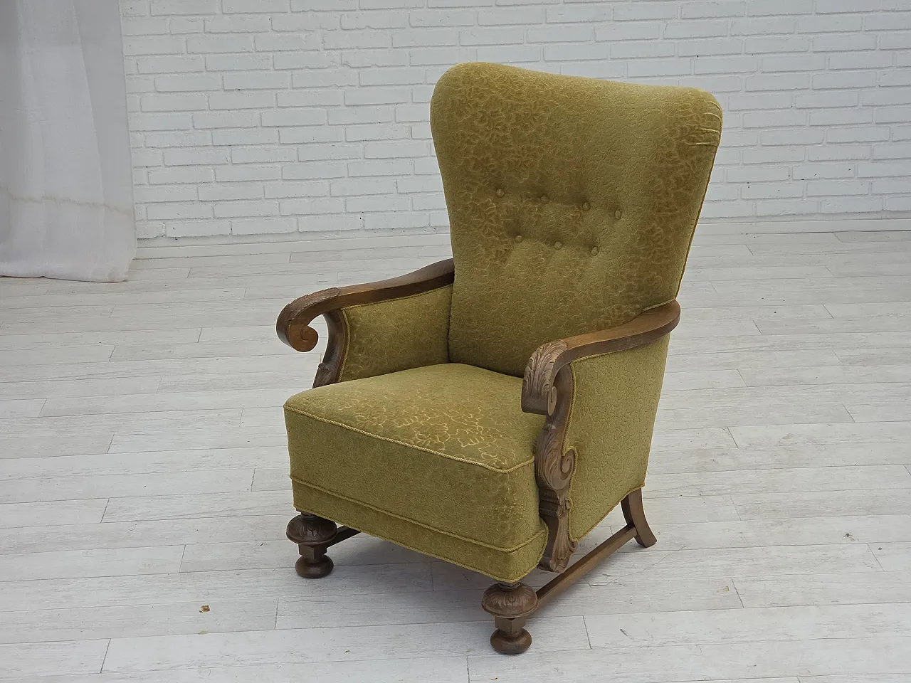 Danish highback armchair cotton wool fabric, 1960s 14