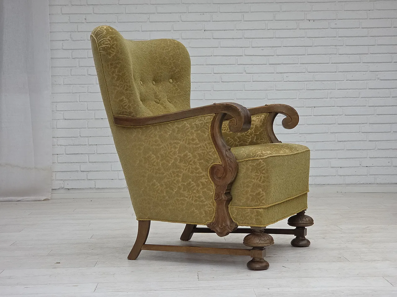 Danish armchair cotton/wool fabric solid oak wood, 1960s 1
