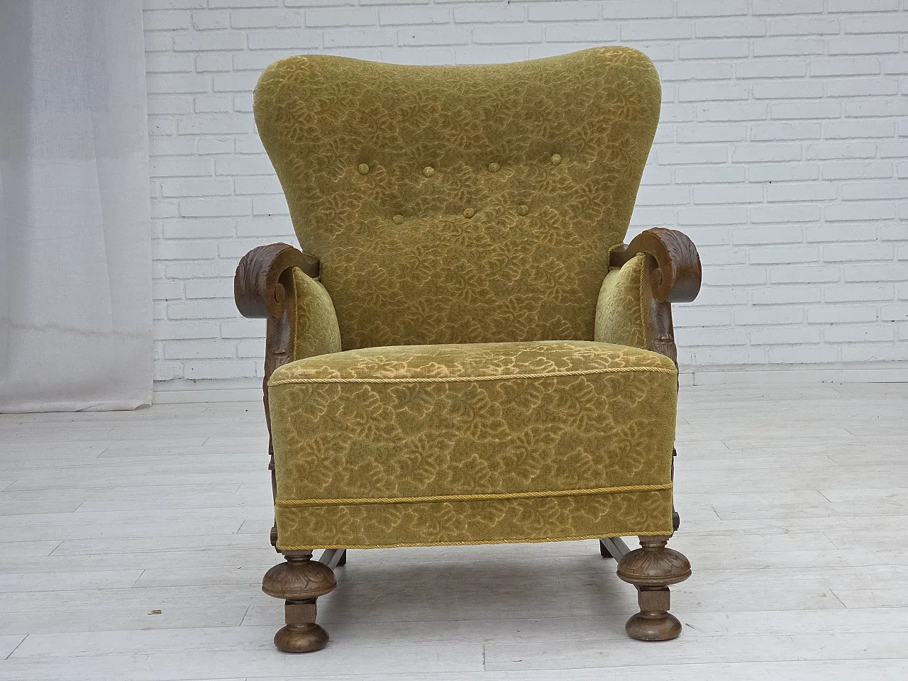 Danish armchair cotton/wool fabric solid oak wood, 1960s 7