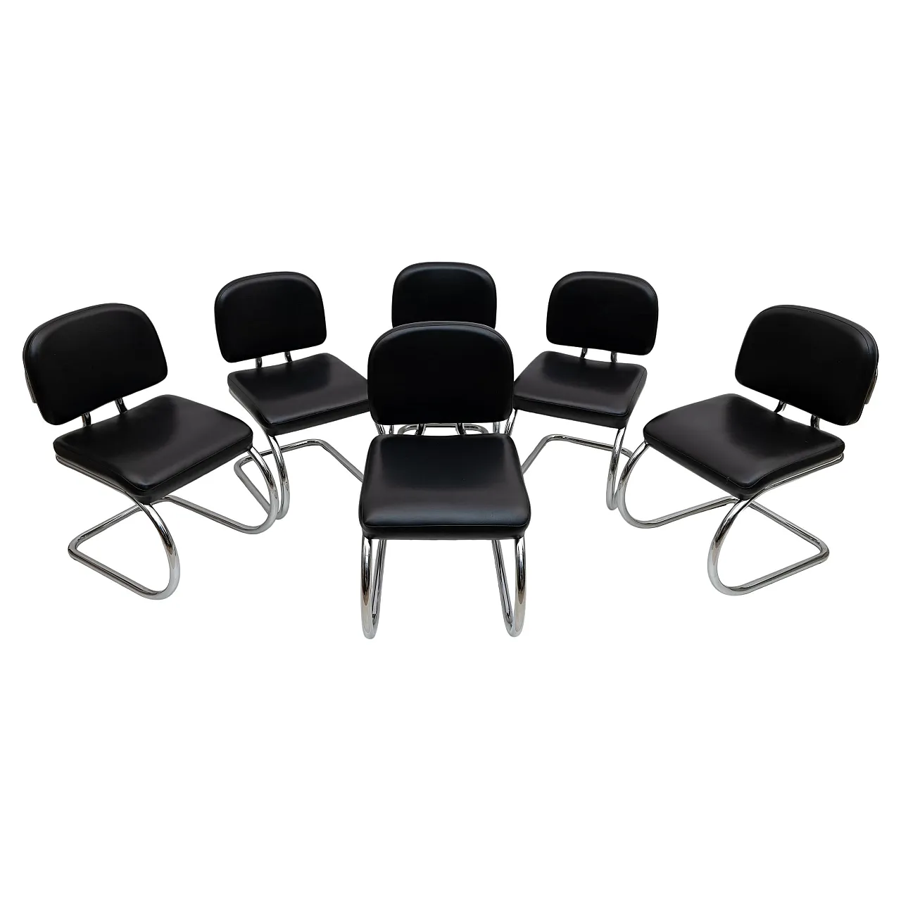 6 Leatherette and metal chromed Cantilever dining chairs, 1970s 1