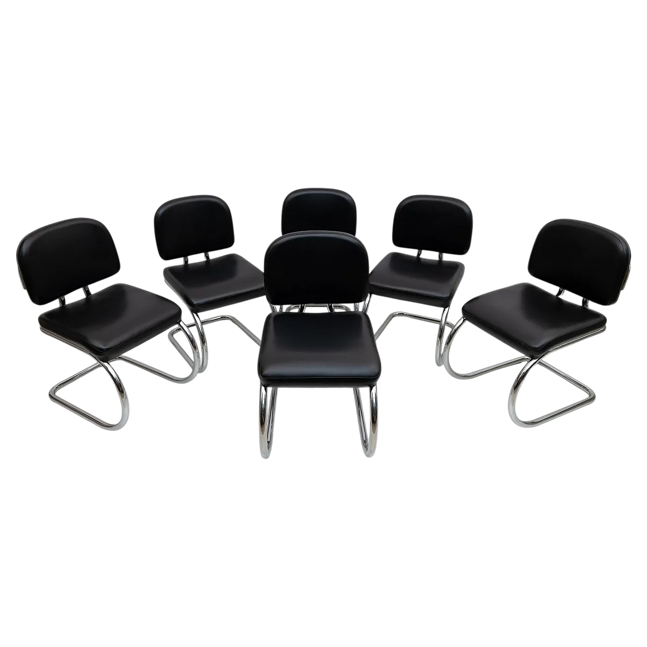 6 Leatherette and metal chromed Cantilever dining chairs, 1970s 13