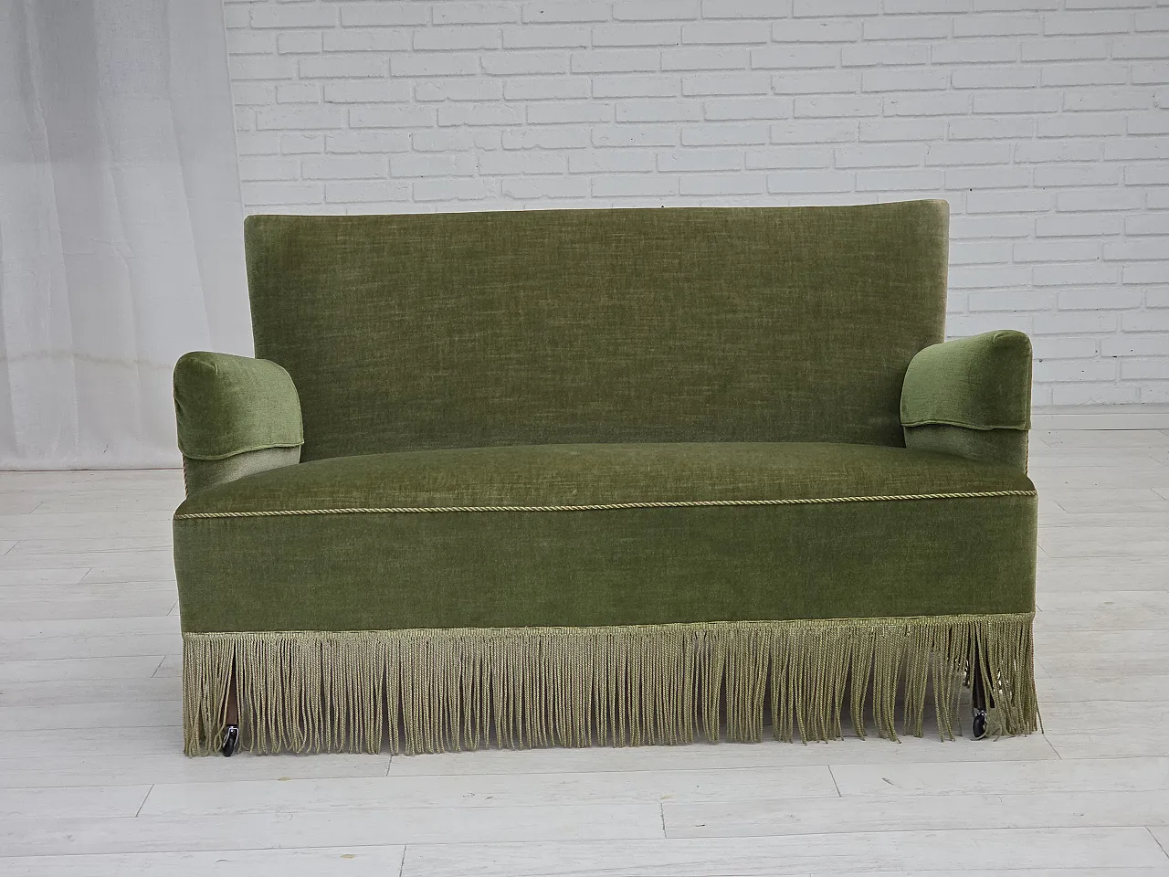 Danish 2-seater sofa green velour, beech wood legs, 1970s 1