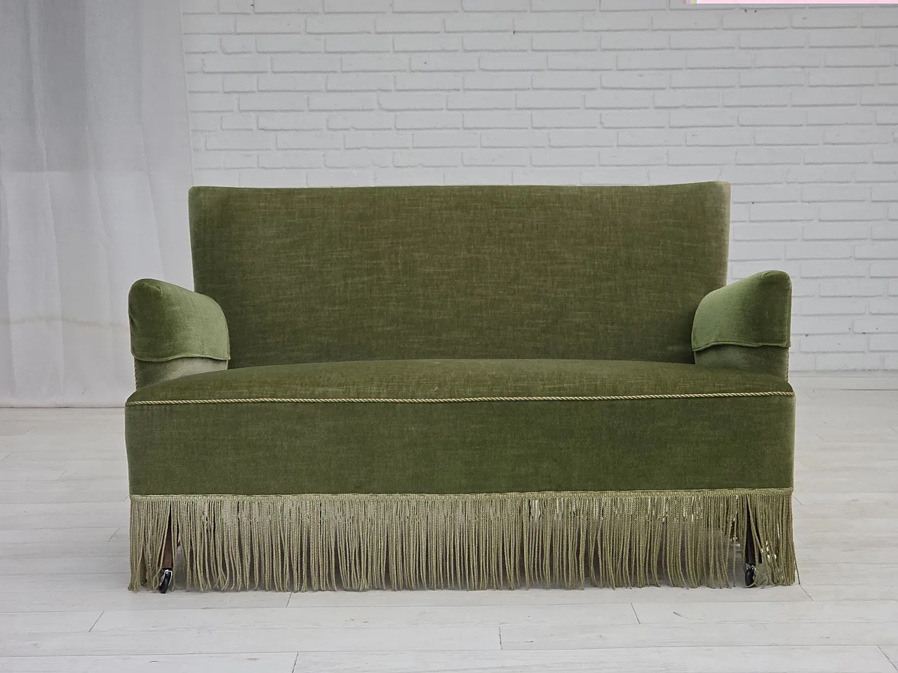 Danish 2-seater sofa green velour, beech wood legs, 1970s 2