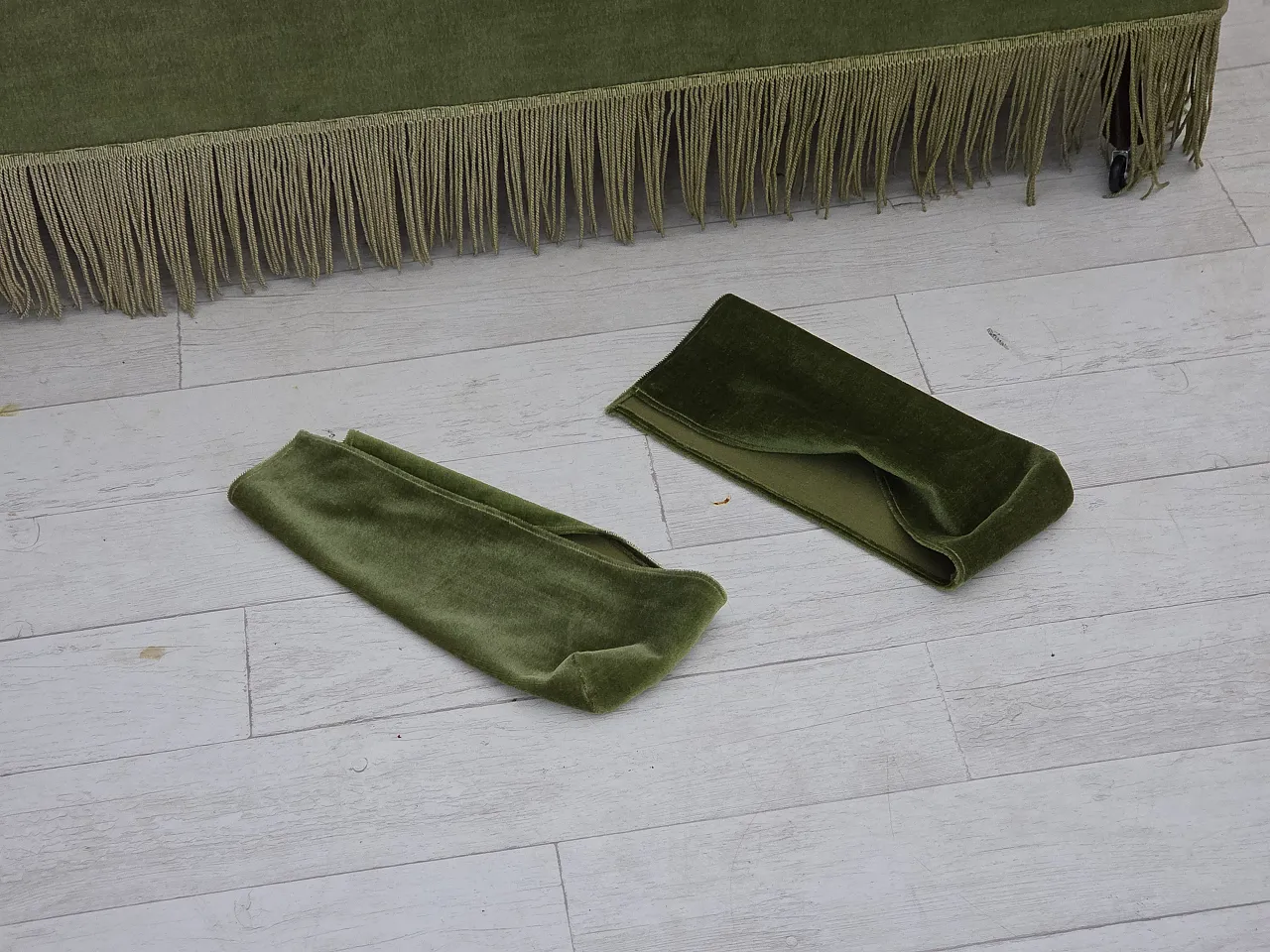 Danish 2-seater sofa green velour, beech wood legs, 1970s 4