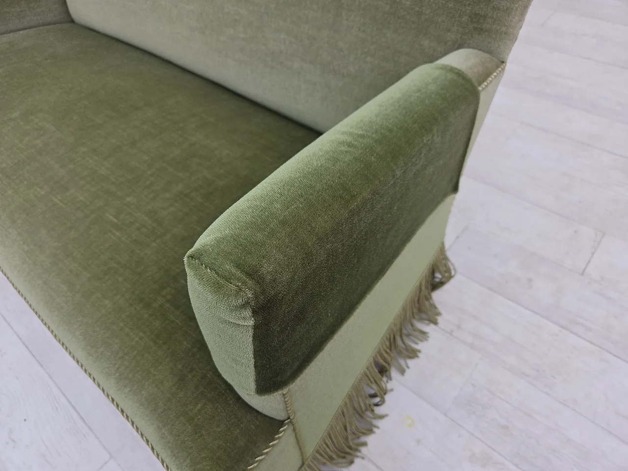 Danish 2-seater sofa green velour, beech wood legs, 1970s 5