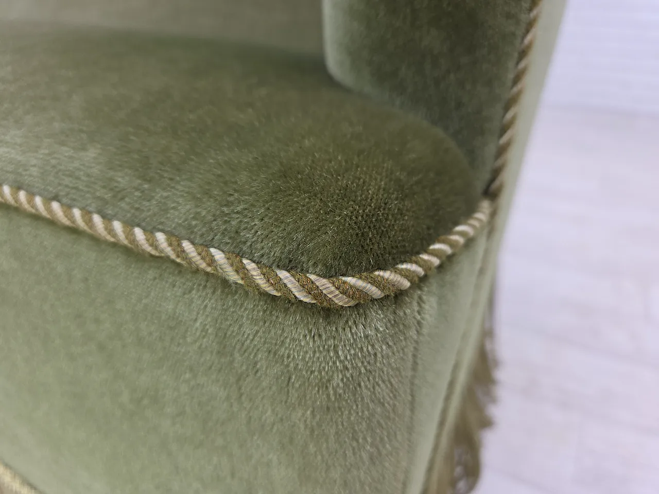 Danish 2-seater sofa green velour, beech wood legs, 1970s 6