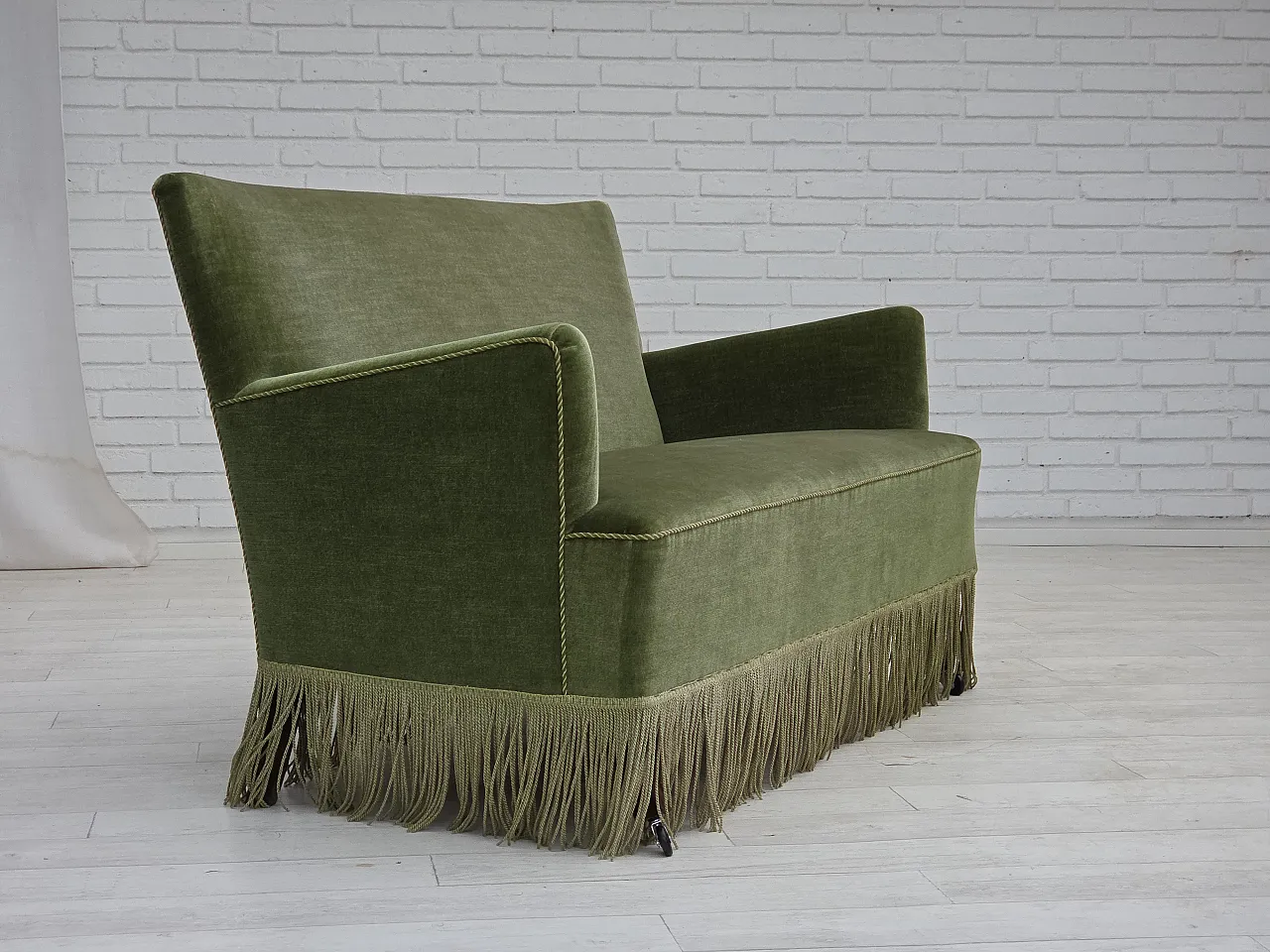 Danish 2-seater sofa green velour, beech wood legs, 1970s 8