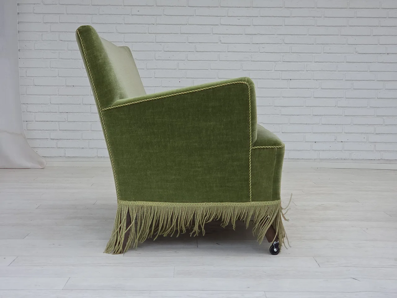 Danish 2-seater sofa green velour, beech wood legs, 1970s 9