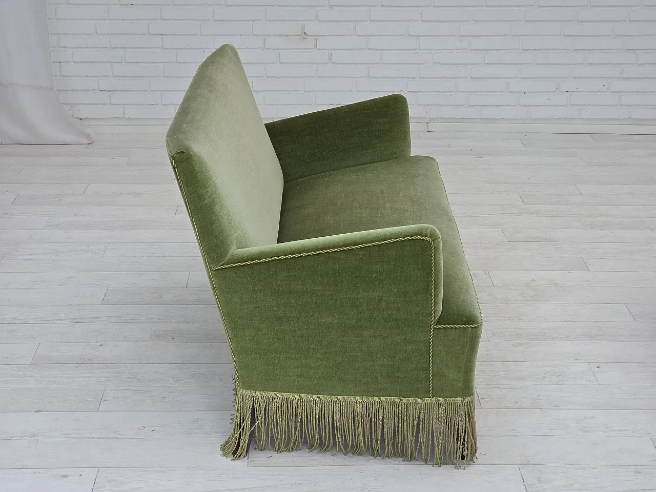 Danish 2-seater sofa green velour, beech wood legs, 1970s 10